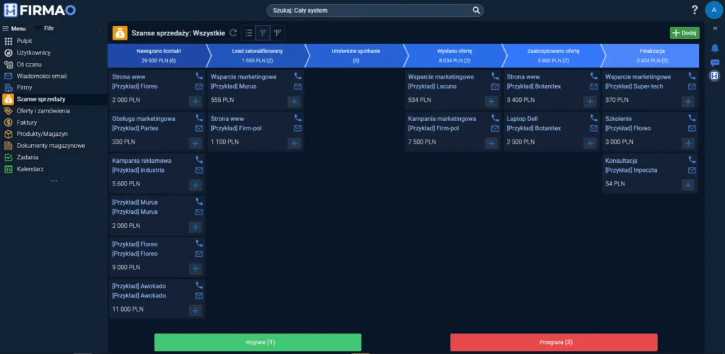 Firmao CRM – Dlaczego to jedno z najlepszych rozwiązań dla Twojej firmy w 2025 roku 1 Panel Firmao w wersji black