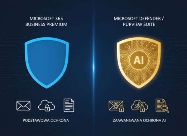 Porównanie pakietów bezpieczeństwa Microsoft 365 Business Premium oraz Microsoft Defender i Purview Suite przygotowane przez mIT group – grafika przedstawia różnice w poziomie ochrony poczty, chmury i danych.