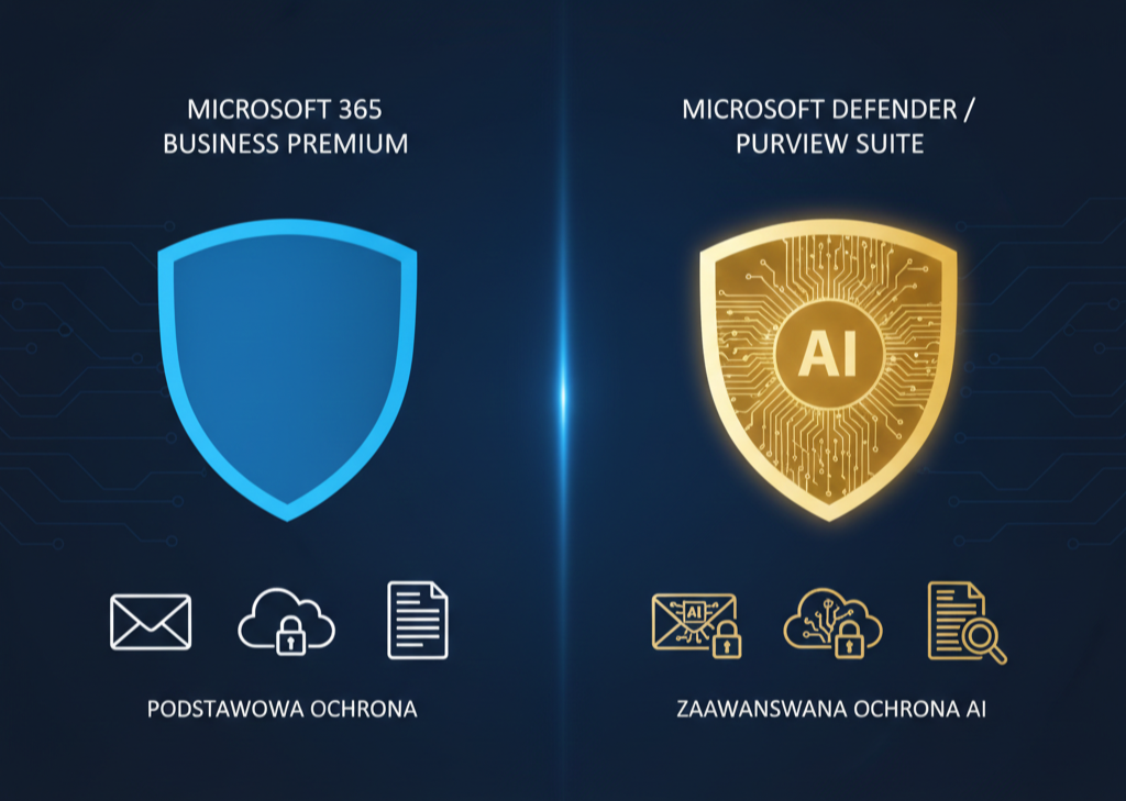 Porównanie pakietów bezpieczeństwa Microsoft 365 Business Premium oraz Microsoft Defender i Purview Suite przygotowane przez mIT group – grafika przedstawia różnice w poziomie ochrony poczty, chmury i danych.