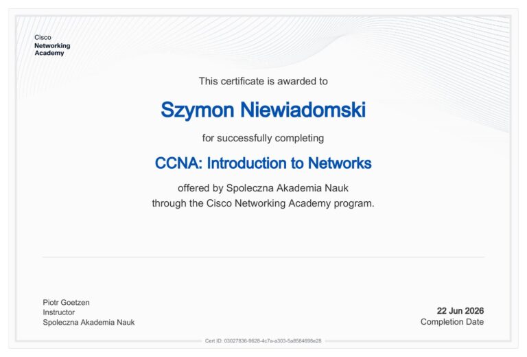 Certyfikat Cisco Networking Academy: CCNA: Introduction to Networks – Szymon Niewiadomski