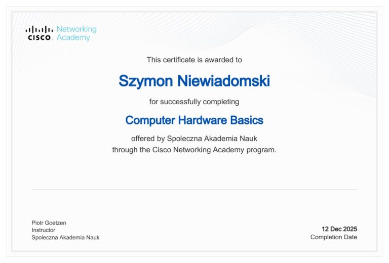 Certyfikat Cisco Networking Academy: Computer Hardware Basics – Szymon Niewiadomski