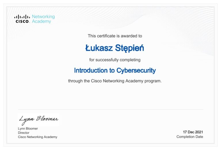 Introduction to Cybersecurity – certyfikat ukończenia kursu, Łukasz Stępień
