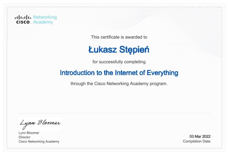 Introduction to the Internet of Everything – certyfikat ukończenia kursu, Łukasz Stępień