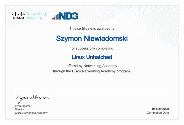 Certyfikat Cisco Networking Academy: Linux Unhatched – Szymon Niewiadomski