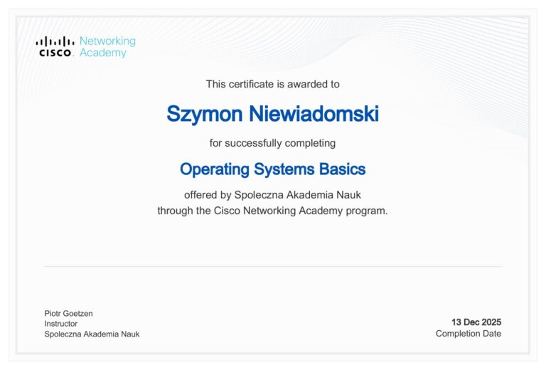 Certyfikat Cisco Networking Academy: Operating Systems Basics – Szymon Niewiadomski