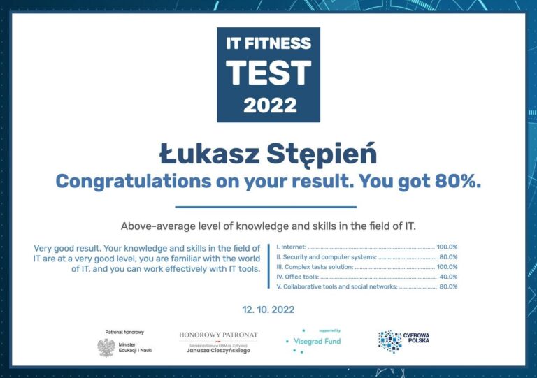 IT Fitness Test 2022 – certyfikat z testu kompetencji, Łukasz Stępień