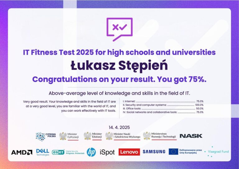 IT Fitness Test 2025 – certyfikat z testu kompetencji, Łukasz Stępień