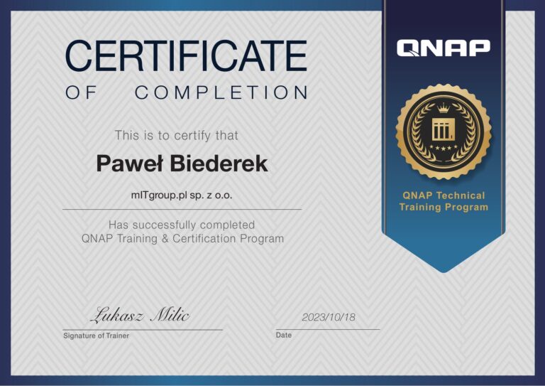 Certyfikaty i kwalifikacje 30 Certyfikat QNAP Training & Certification Program – Paweł Biederek, mIT group