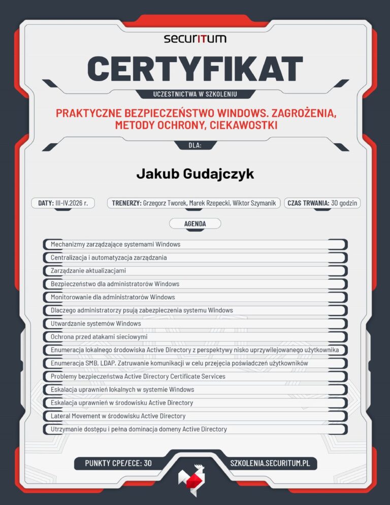 Certyfikat Securitum – szkolenie Praktyczne bezpieczeństwo Windows
