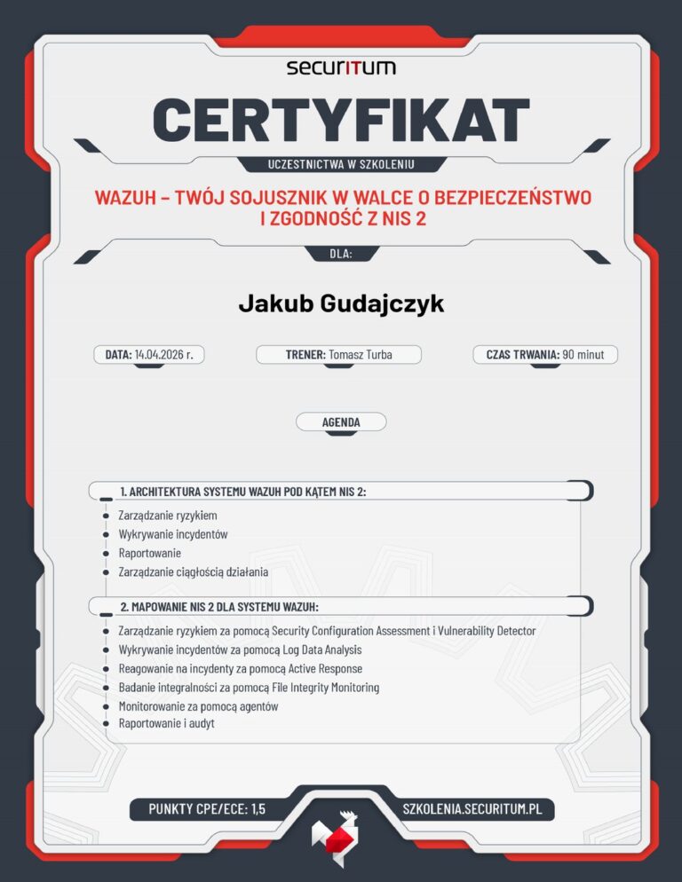 Certyfikat Securitum – szkolenie Wazuh i zgodność z NIS 2