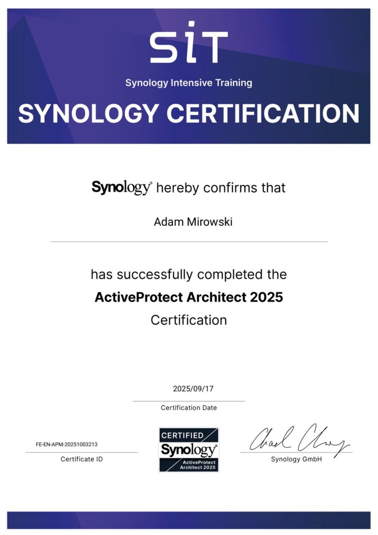 Certyfikat Synology ActiveProtect Architect 2025 – Adam Mirowski