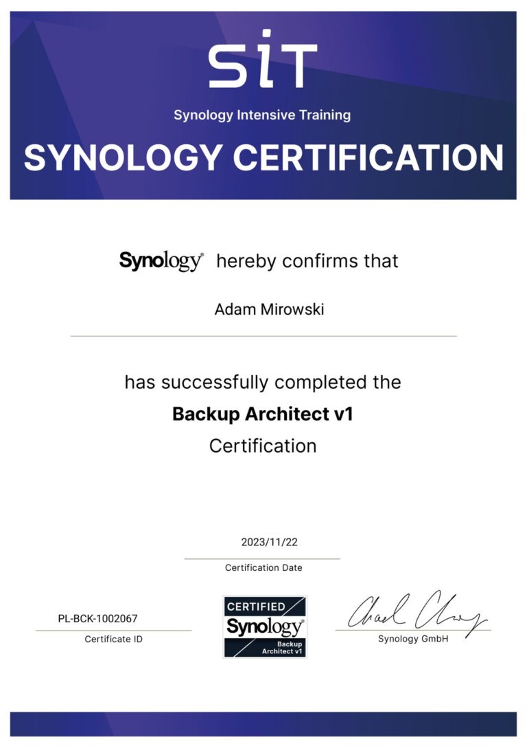 Certyfikat Synology Backup Architect v1 – Adam Mirowski