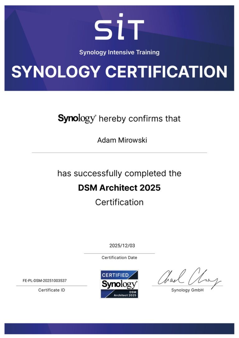 Certyfikat Synology DSM Architect 2025 – Adam Mirowski