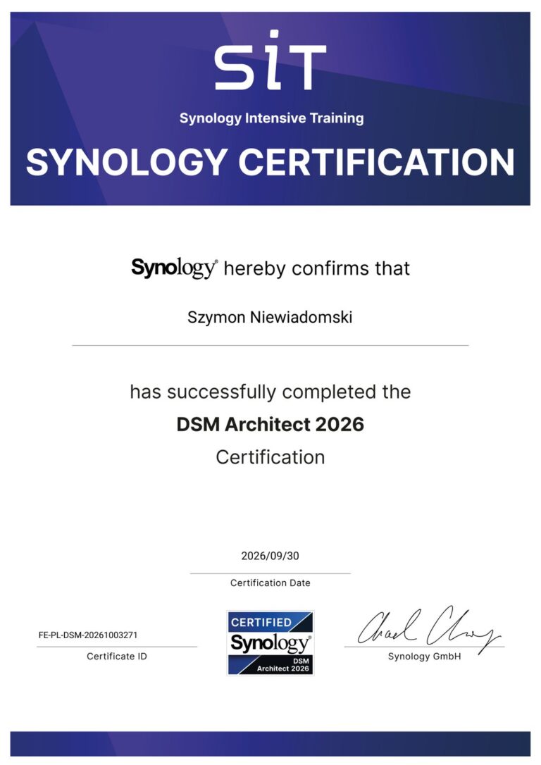 Certyfikat Synology DSM Architect 2026 – Szymon Niewiadomski