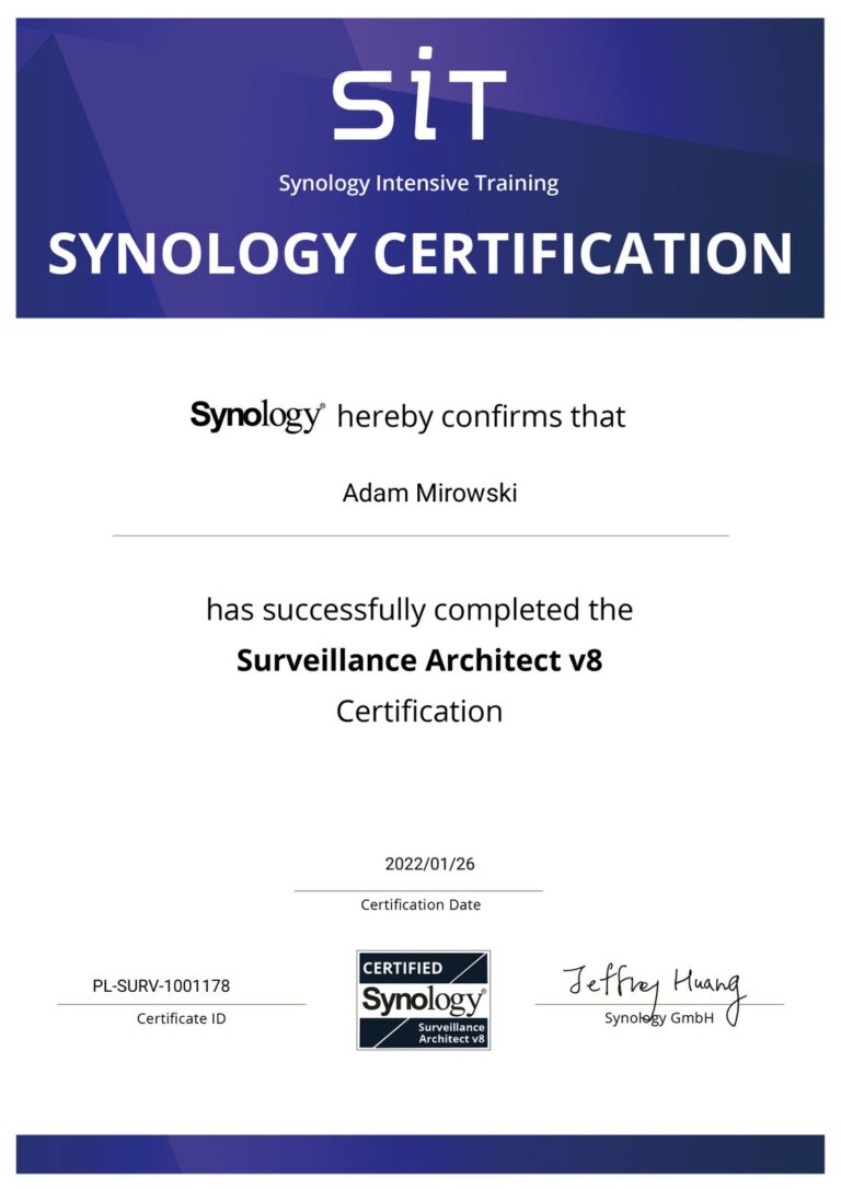 Certyfikat Synology Surveillance Architect v8 – Adam Mirowski