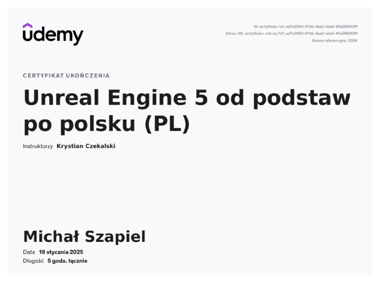 Certyfikat Udemy – Unreal Engine 5 od podstaw po polsku – Michał Szapiel, mIT group