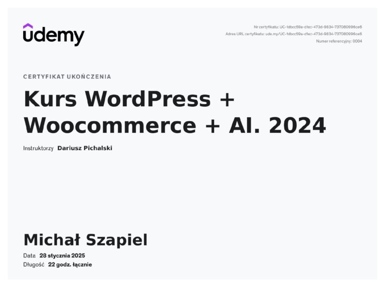 Certyfikat Udemy – Kurs WordPress + WooCommerce + AI – Michał Szapiel, mIT group