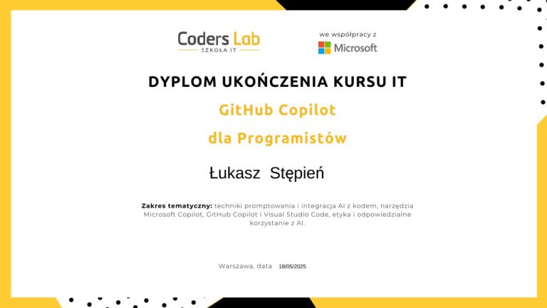 GitHub Copilot dla Programistów – dyplom ukończenia kursu, Łukasz Stępień