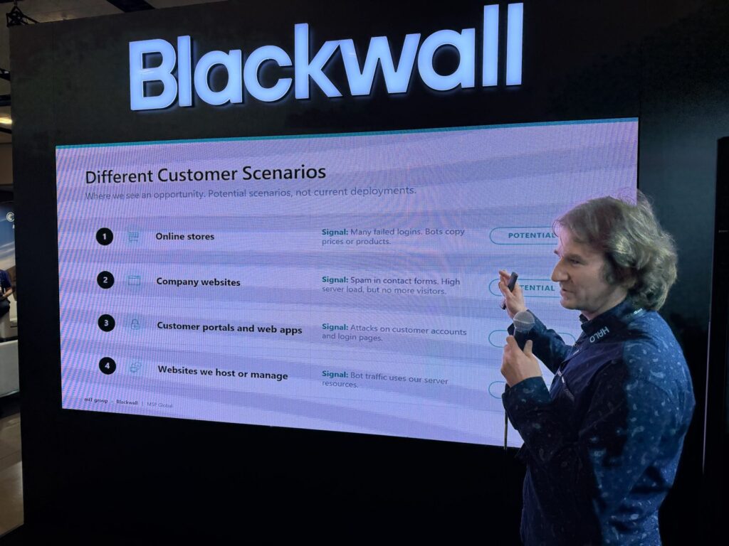 MSP GLOBAL 2026: mIT group i Blackwall o ochronie stron przed botami 3 Slajd z czterema scenariuszami ochrony przed botami na stoisku Blackwall, MSP GLOBAL 2026
