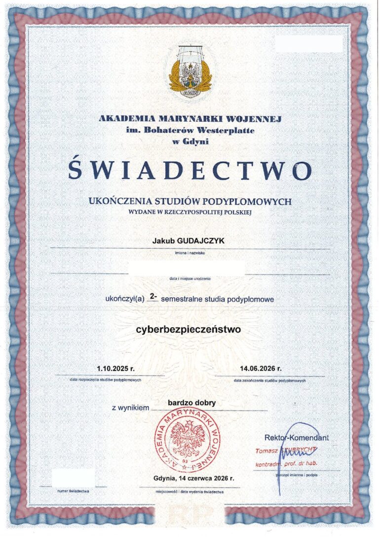 Certyfikaty i kwalifikacje 5 Świadectwo ukończenia studiów podyplomowych z cyberbezpieczeństwa – Akademia Marynarki Wojennej w Gdyni